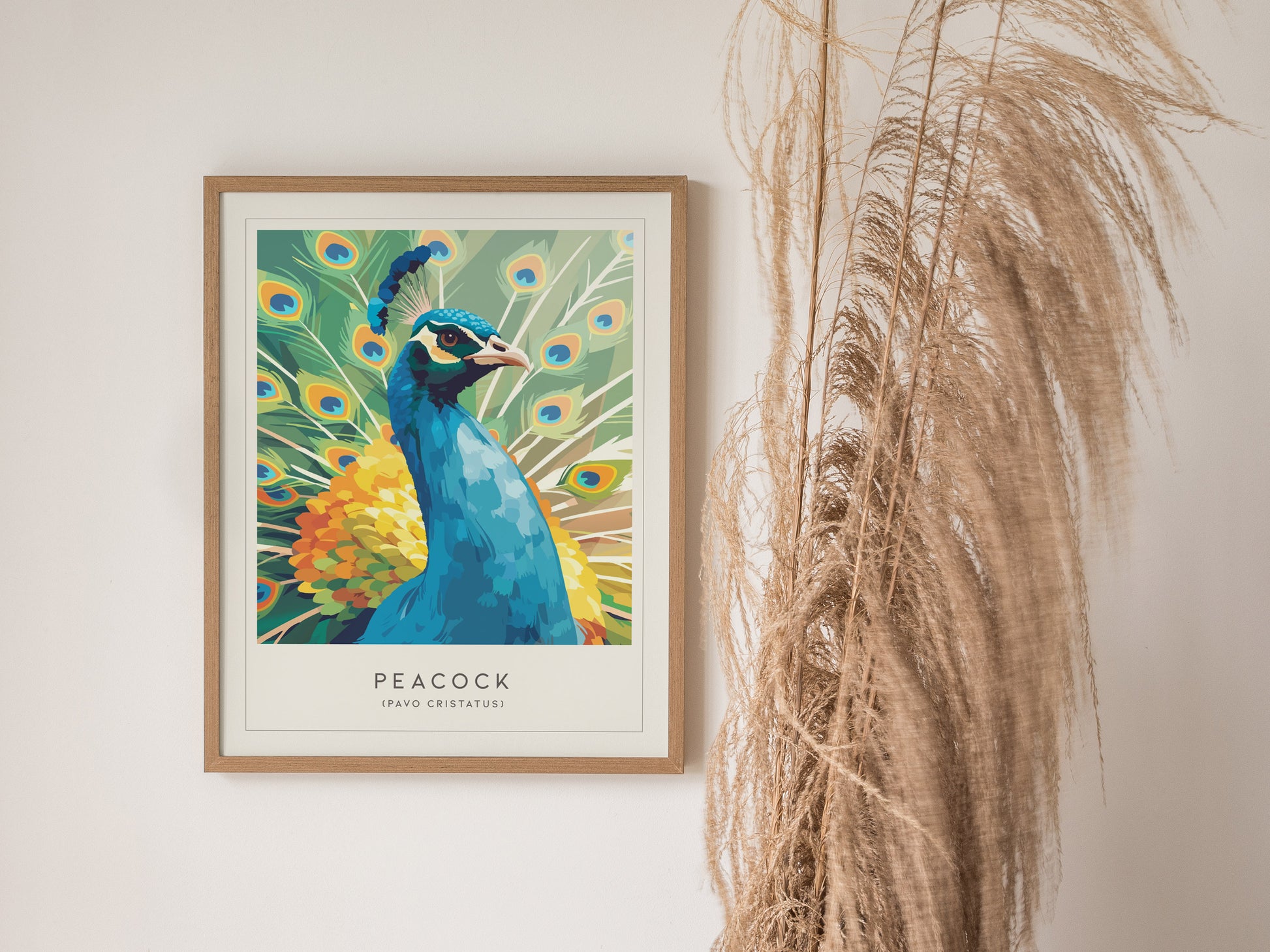 Vibrant peacock art print featuring bold blues, greens, and yellows; ideal wildlife art for nature lovers and modern decor.