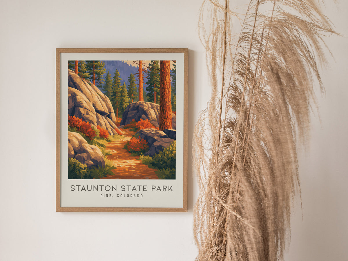 Staunton State Park Matte Border Poster | Pine, Colorado Destination Print Travel Wall Art — styled in a modern interior