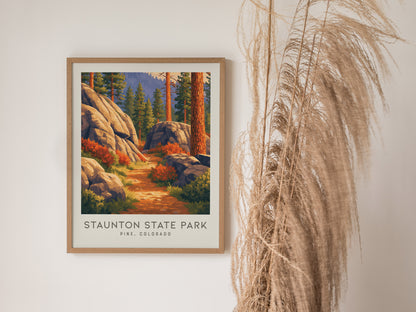 Staunton State Park Matte Border Poster | Pine, Colorado Destination Print Travel Wall Art — styled in a modern interior