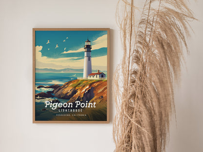 Framed poster of Pigeon Point Lighthouse on a cliff with ocean waves and seagulls, displayed next to tall dried grasses. The scene captures Californias coastal beauty.