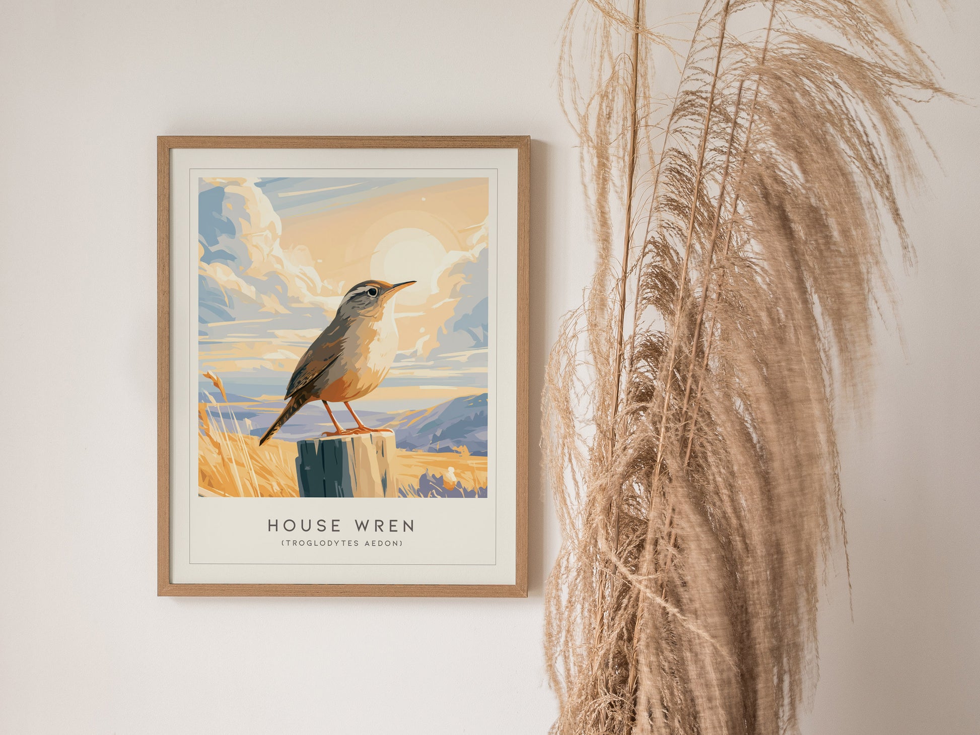 House Wren, Troglodytes aedon Poster | Charming Songbird Nature Wall Art — styled in a modern interior