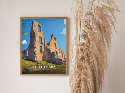Framed Ha Ha Tonka State Park poster featuring colorful illustrated castle ruins in Missouri, showcasing bold lines and vibrant scenery.