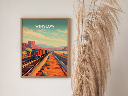 Winslow, Arizona Poster | Route 66 Desert Destination Print Wall Art — styled in a modern interior