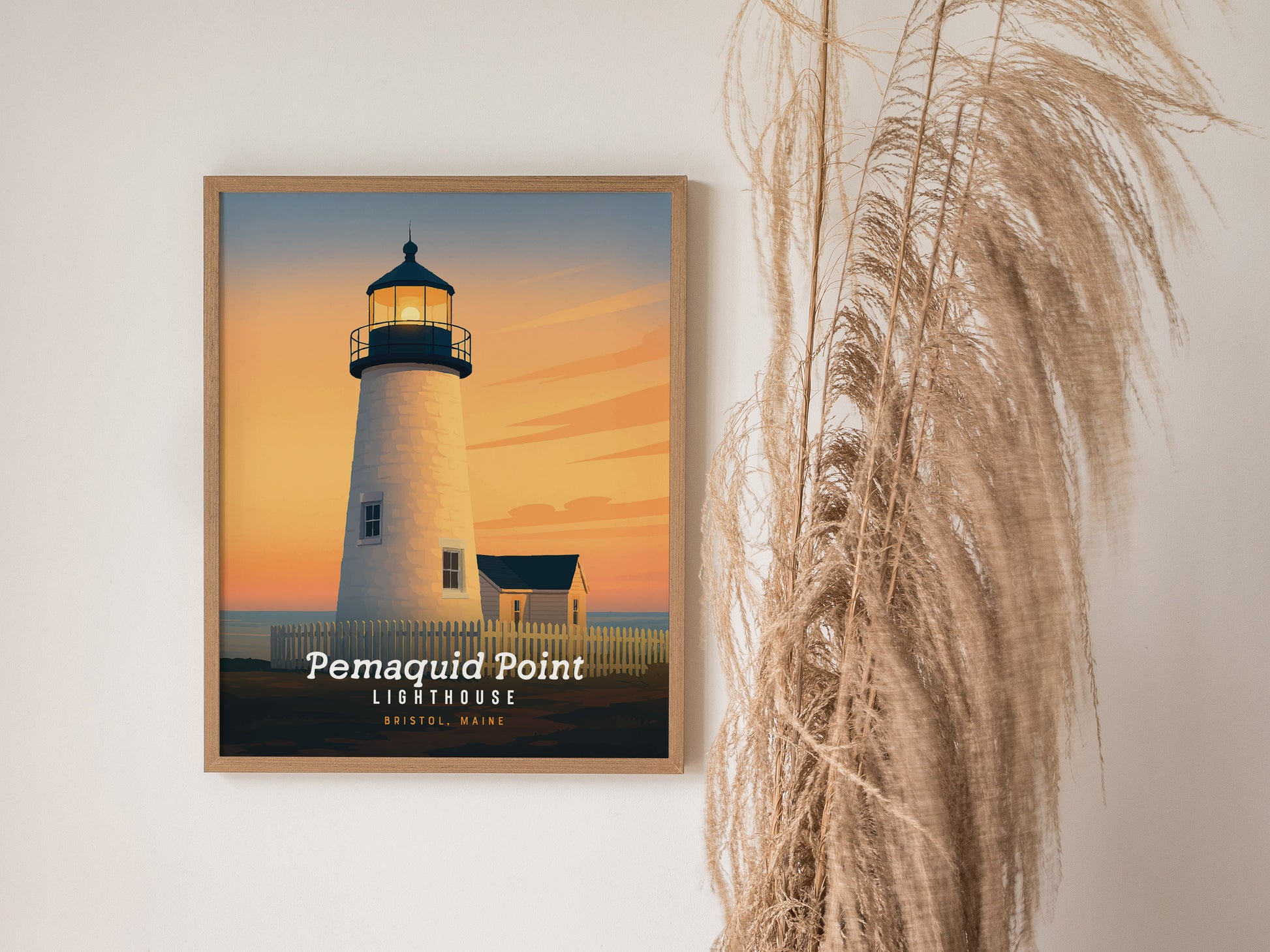 Stylized illustration of Pemaquid Lighthouse at sunset in Bristol, Maine, featuring warm orange hues, white picket fence, and modern design.