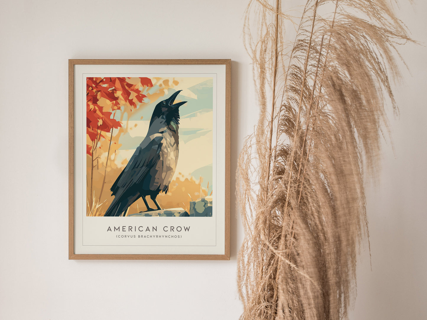 American Crow Poster | Dark Elegance Corvid Bird Wall Art — styled in a modern interior