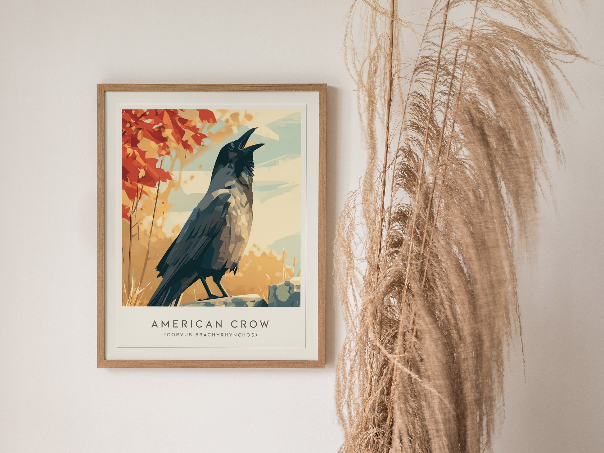 American Crow Poster | Dark Elegance Corvid Bird Wall Art — styled in a modern interior