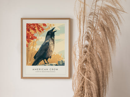 American Crow Poster | Dark Elegance Corvid Bird Wall Art — styled in a modern interior