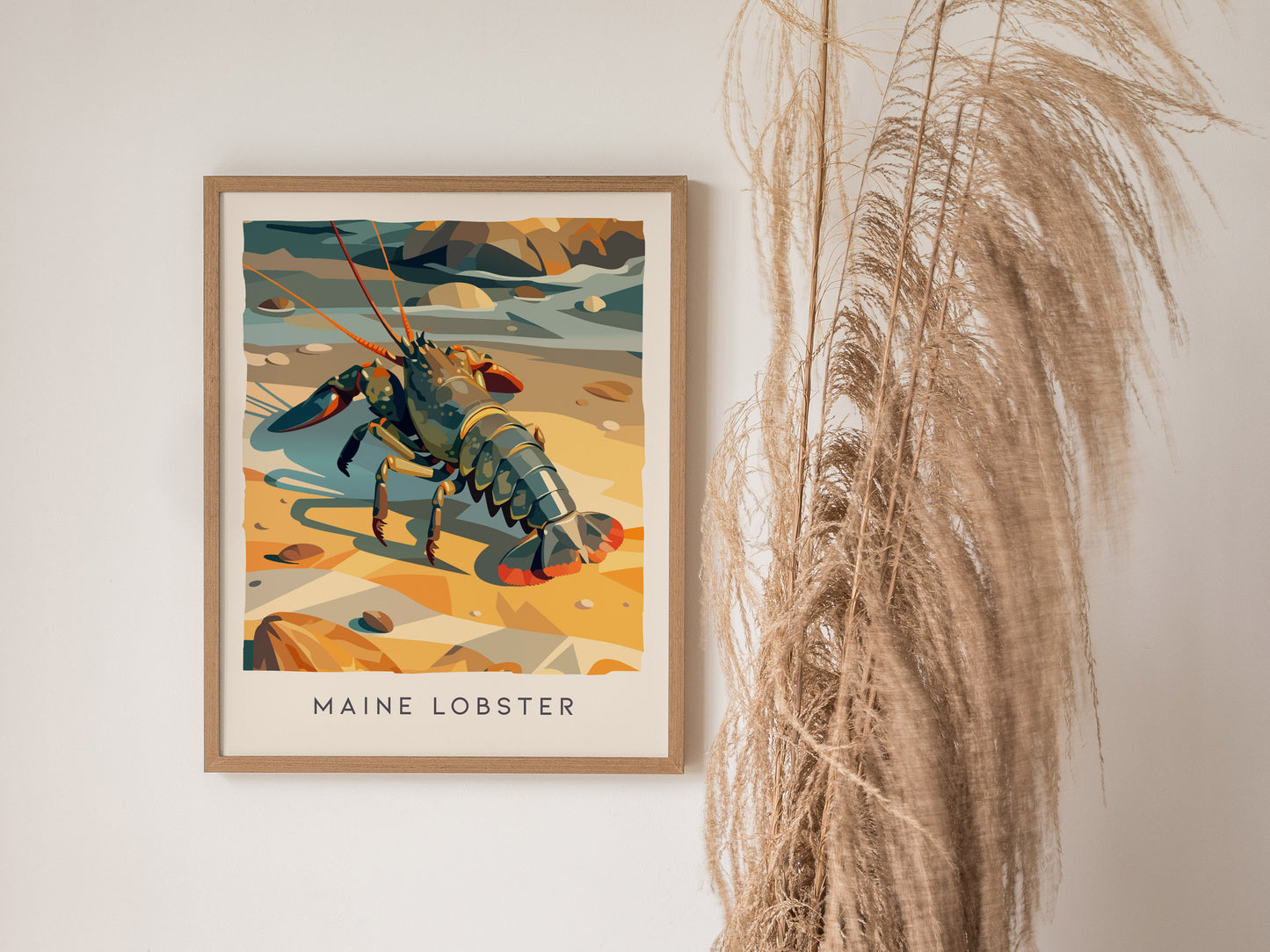 Maine Lobster Poster | Rugged Coast Lobster Wildlife Wall Art — styled in a modern interior