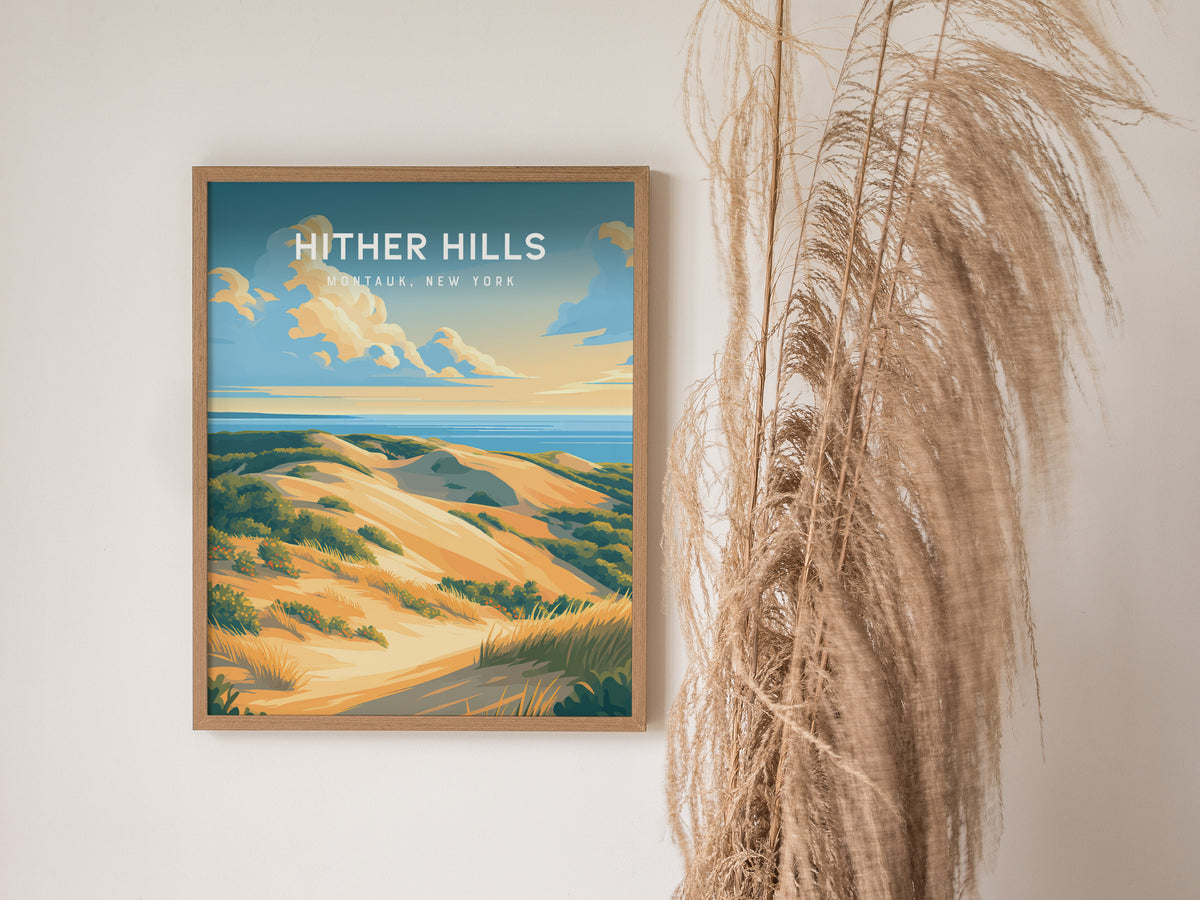Hither Hills Poster | Montauk, New York Vacation Wall Art Framed or Unframed — styled in a modern interior