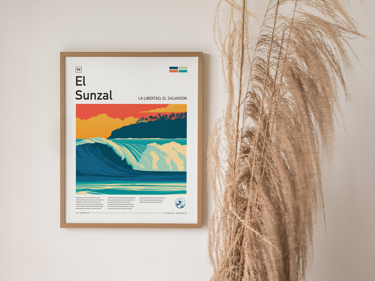 El Sunzal, La Libertad, El Salvador Poster | Tropical Surf Wall Art — styled in a modern interior