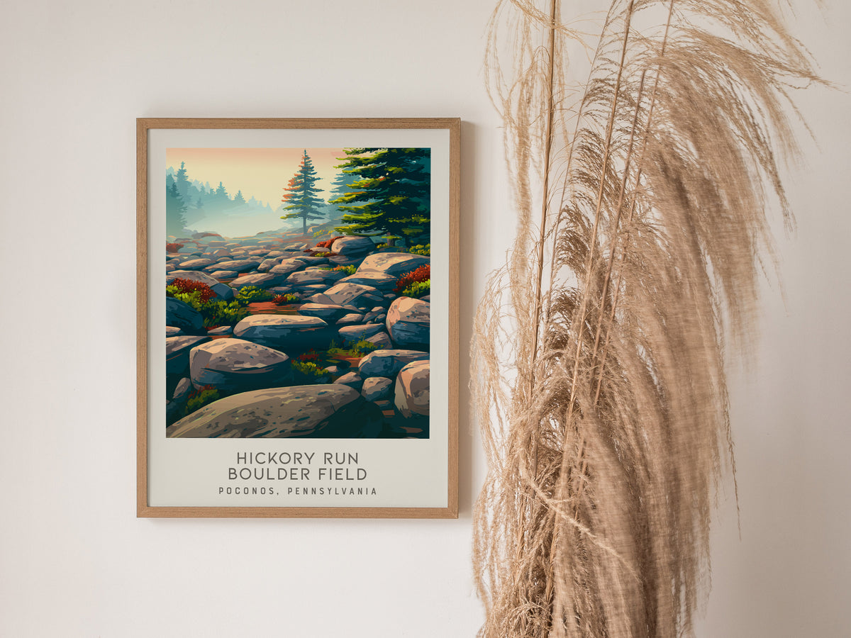 Hickory Run Boulder Field Matte Border Poster | Poconos, Pennsylvania Travel Wall Art — styled in a modern interior