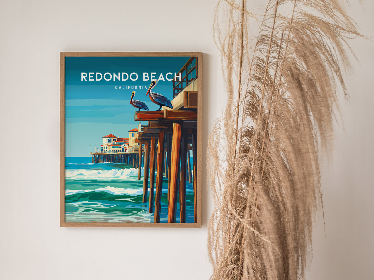 Redondo Beach, California Poster | Sun-Kissed Pier & Sailboat Wall Art — styled in a modern interior