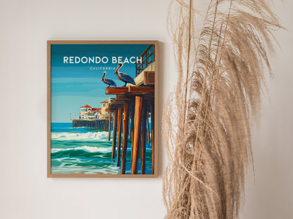 Redondo Beach, California Poster | Sun-Kissed Pier & Sailboat Wall Art — styled in a modern interior