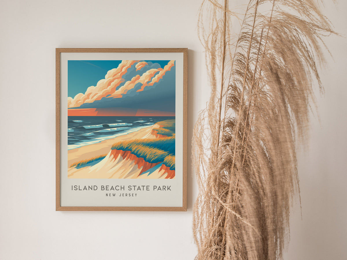 Island Beach State Park Matte Border Poster | New Jersey Beach House Decor Travel Wall Art — styled in a modern interior