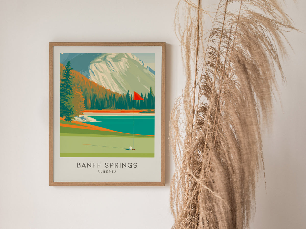 Banff Springs Matte Border Poster | Alberta Golf Course Print & Country Club Decor — styled in a modern interior