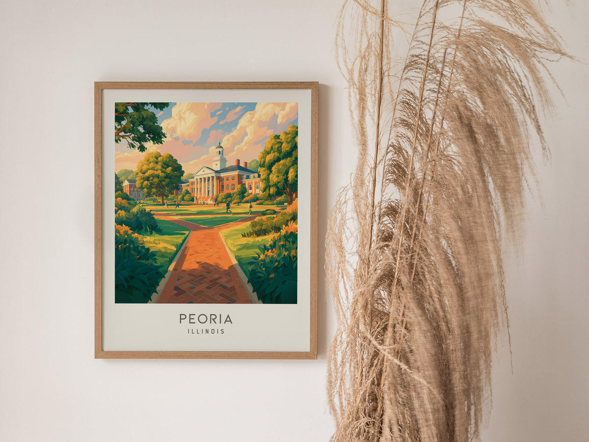 Peoria Matte Border Poster | Illinois Destination Print Travel Wall Art — styled in a modern interior