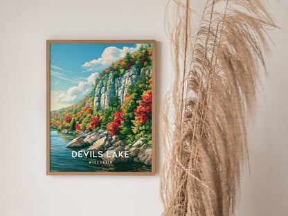 Devils Lake, Wisconsin Poster | Bluffs & Blue Water Travel Wall Art — styled in a modern interior