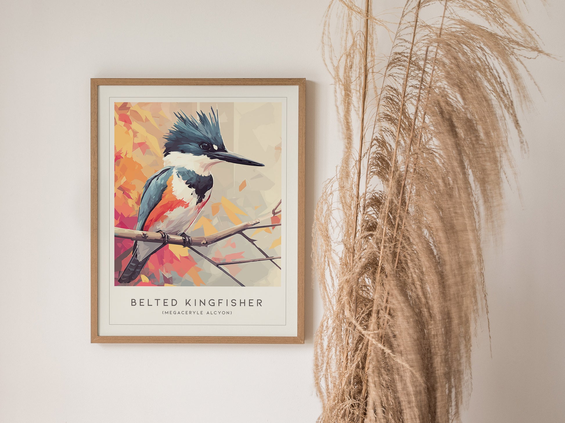 Belted Kingfisher art print featuring a geometric design in vibrant blues, oranges, and autumn hues, perfect for wildlife art lovers.