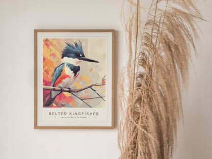 Belted Kingfisher art print featuring a geometric design in vibrant blues, oranges, and autumn hues, perfect for wildlife art lovers.