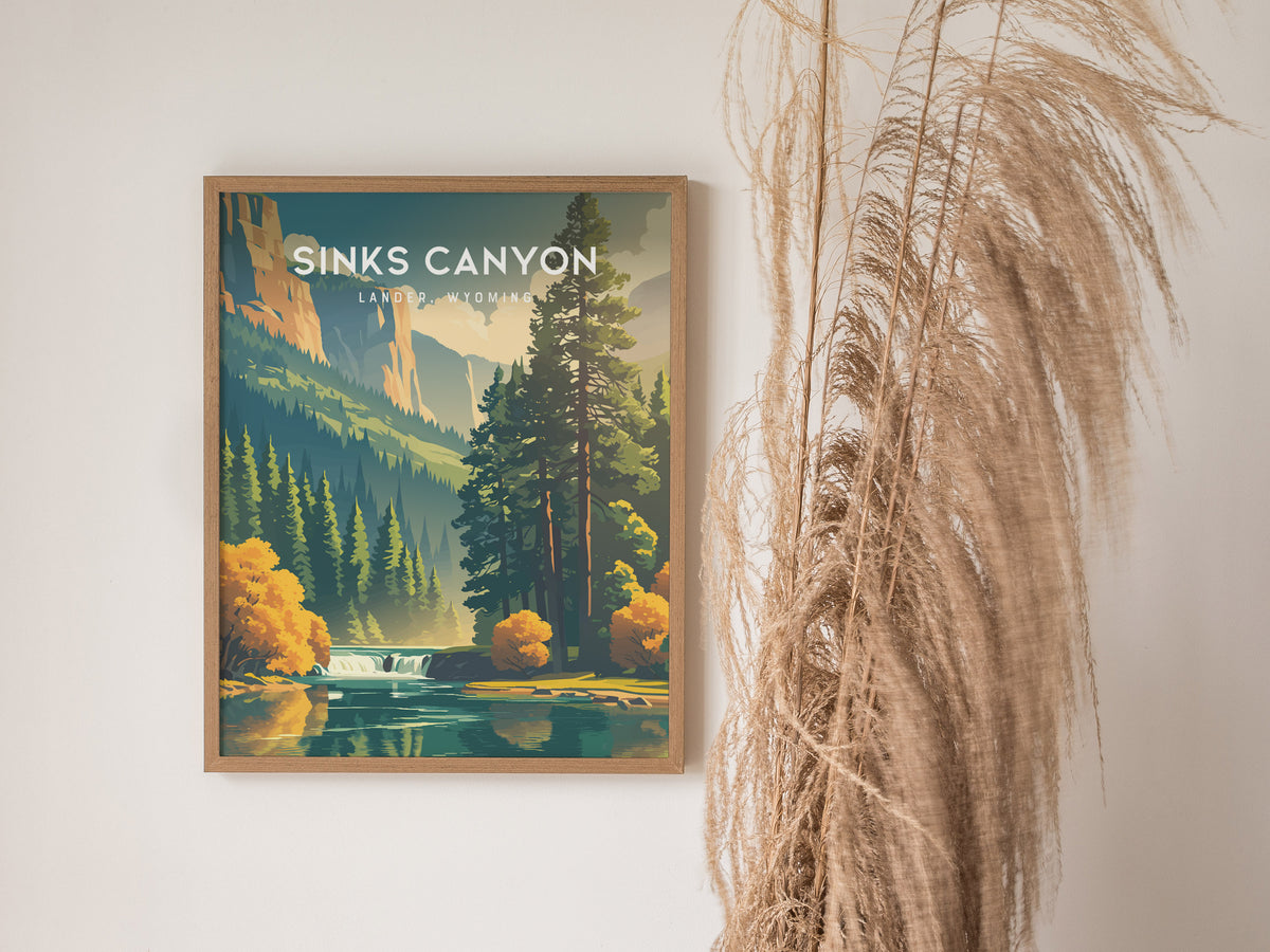 Sinks Canyon, Lander, Wyoming Poster | Wild River & Canyon Cliffs Destination Print — styled in a modern interior