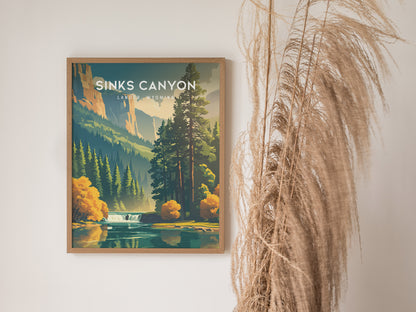 Sinks Canyon, Lander, Wyoming Poster | Wild River & Canyon Cliffs Destination Print — styled in a modern interior