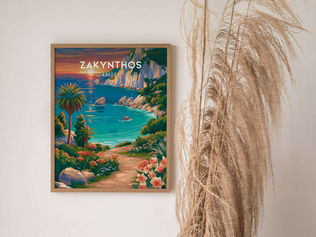 Zakynthos, Greece Poster | Turquoise Shipwreck Cove Destination Print Wall Art — styled in a modern interior