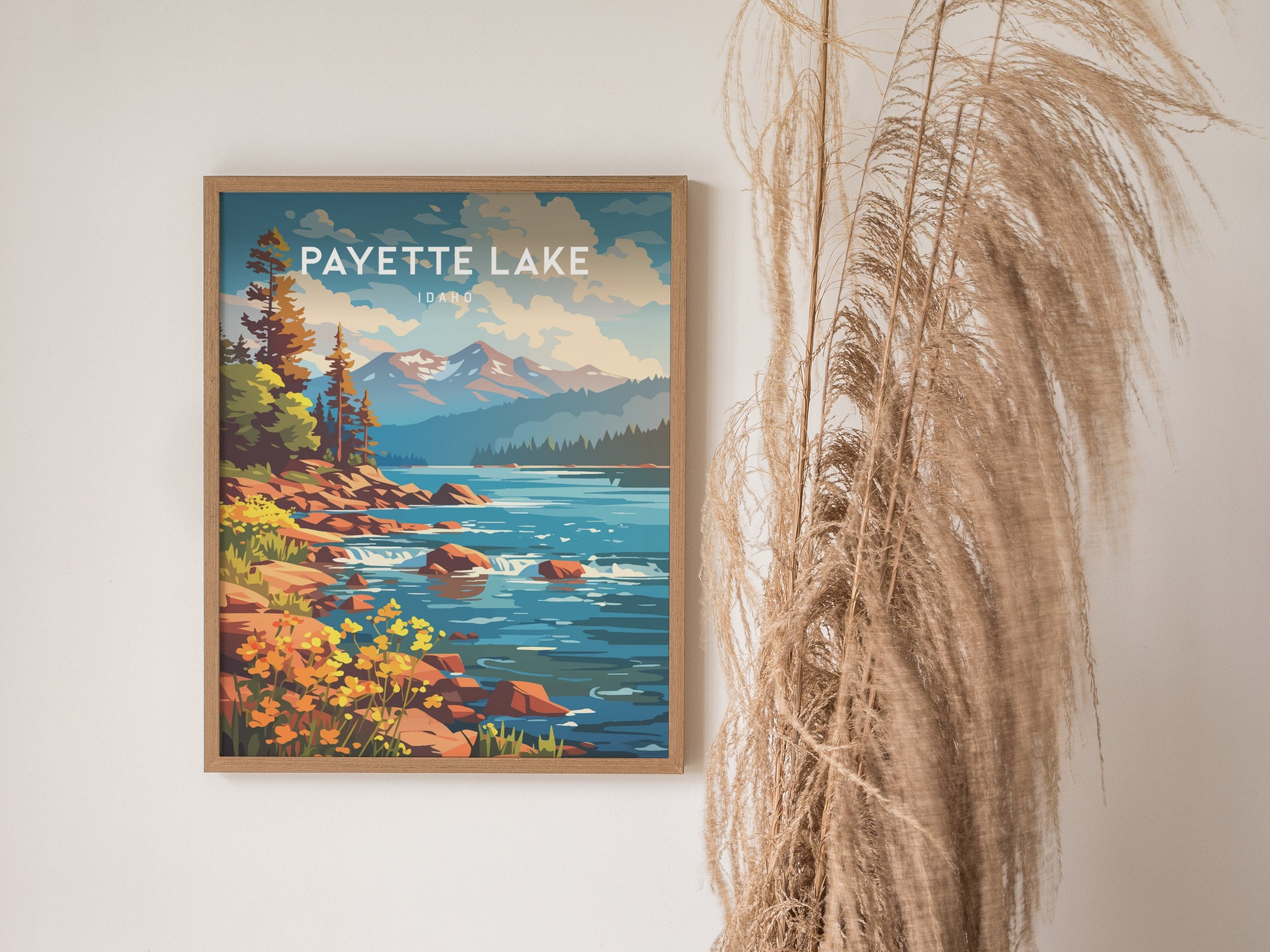 Payette Lake, Idaho Poster | Mountain Lake Destination Print Wall Art — styled in a modern interior