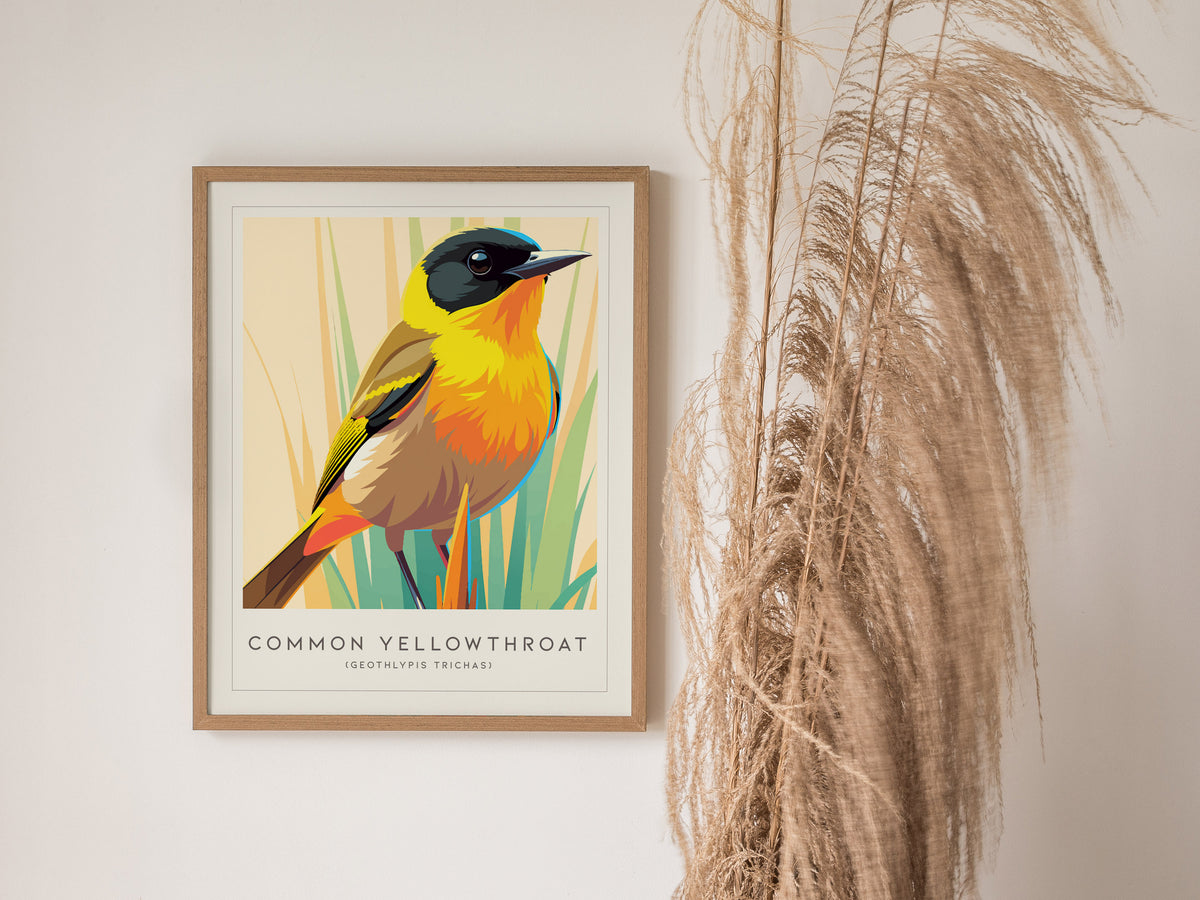 Common Yellowthroat, Geothlypis trichas Poster | Vibrant Warbler Nature Poster Wall Art — styled in a modern interior