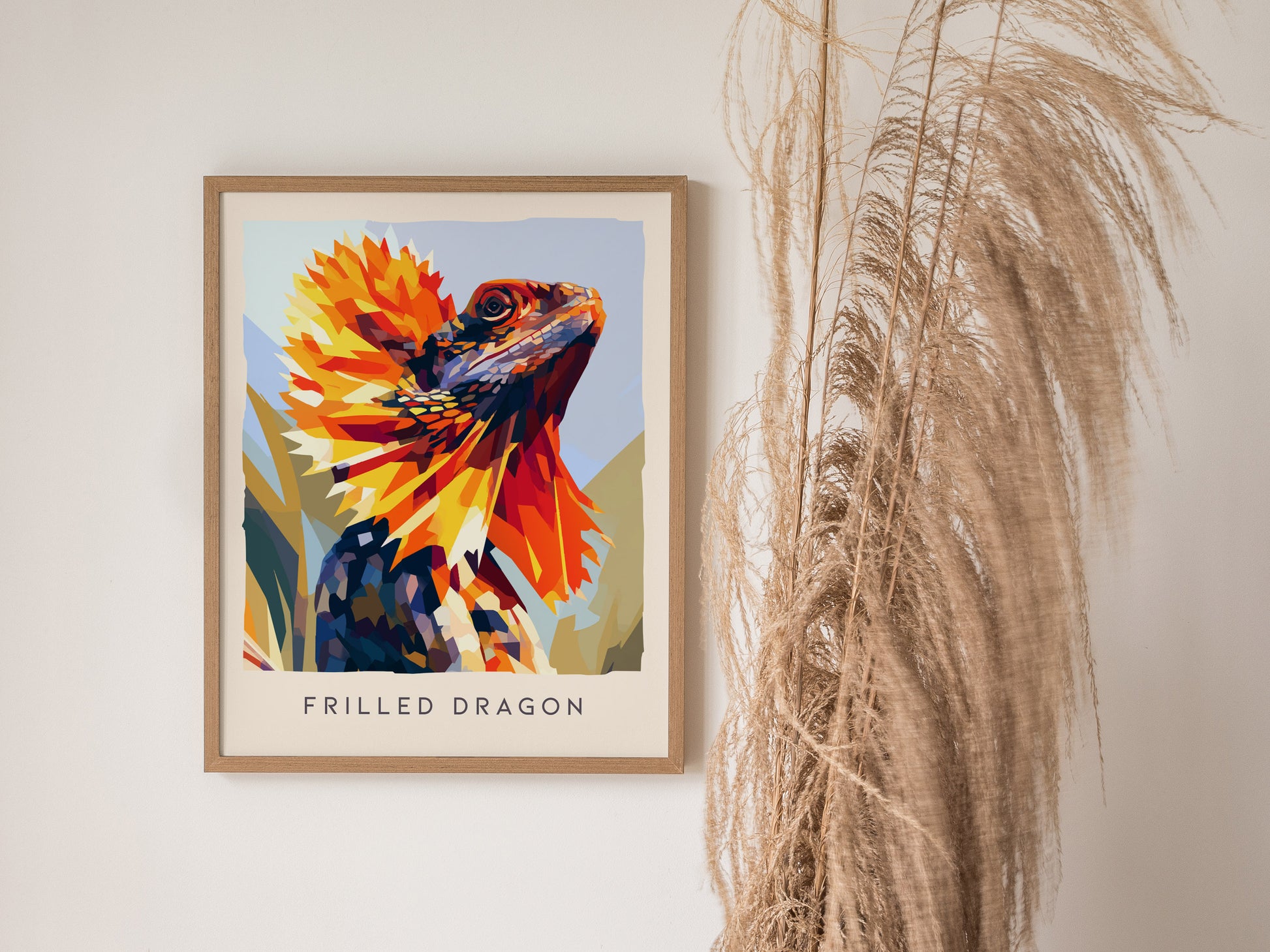 Frilled Dragon, Wildlife Poster | Ancient Reptile Portrait Wall Art — styled in a modern interior