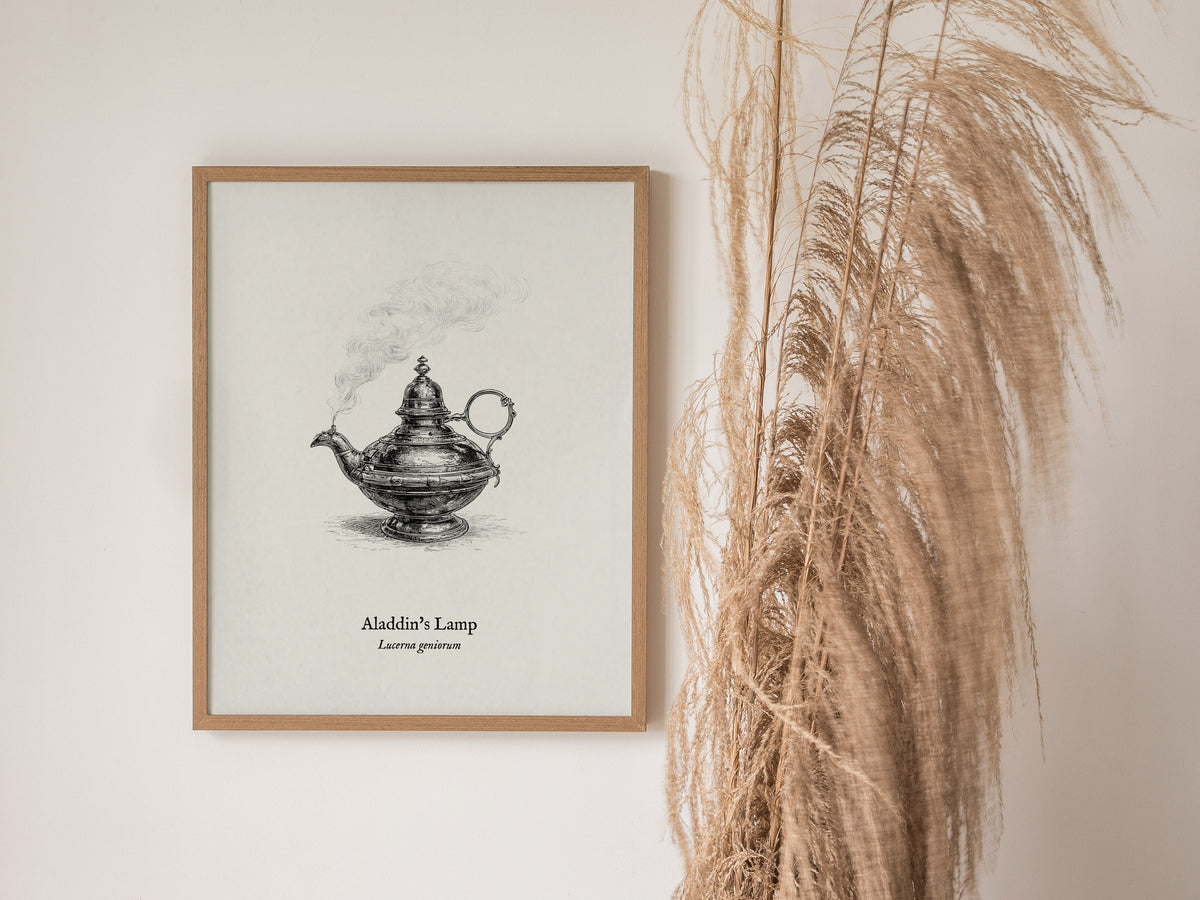 Aladdin's Lamp Poster | Lucerna Geniorum Pen and Ink Print Vintage Scientific Illustration Wall Art — styled in a modern inte