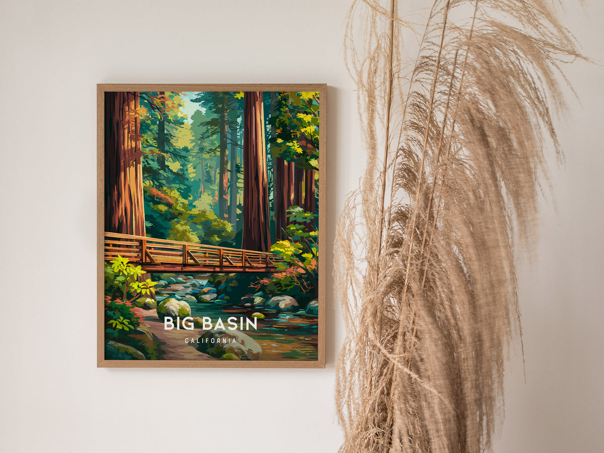 Big Basin Redwoods, California Poster | Towering Redwood Forest Vacation Wall Art — styled in a modern interior