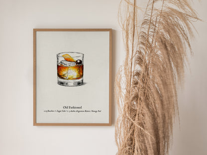 Old Fashioned Cocktail Poster | Vintage Pen & Ink Scientific Illustration Wall Art — styled in a modern interior