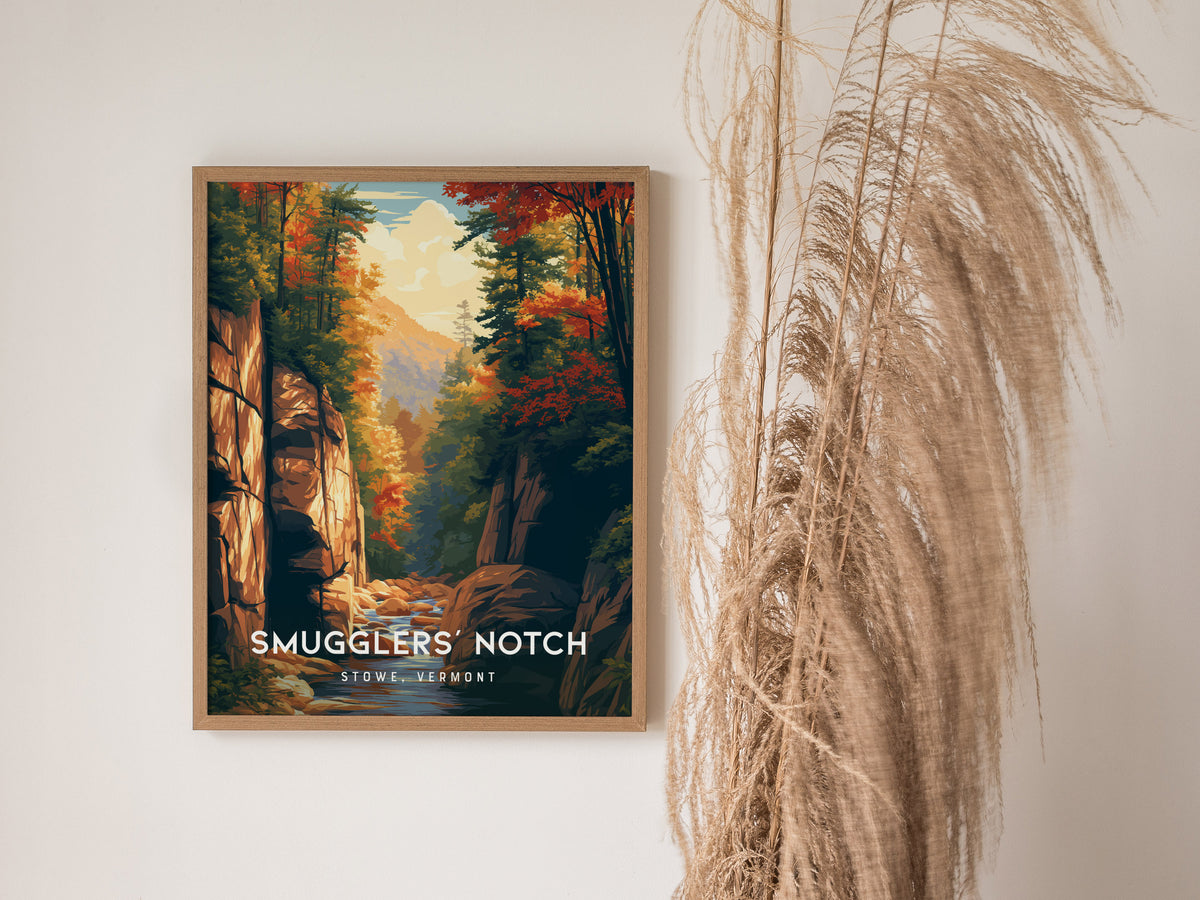 Smugglers' Notch, Stowe, Vermont Poster | Mountain Pass Destination Print Wall Art — styled in a modern interior