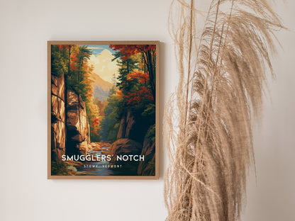 Smugglers' Notch, Stowe, Vermont Poster | Mountain Pass Destination Print Wall Art — styled in a modern interior