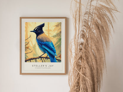 Steller's Jay, Cyanocitta stelleri Poster | Bold Mountain Bird Wall Art — styled in a modern interior