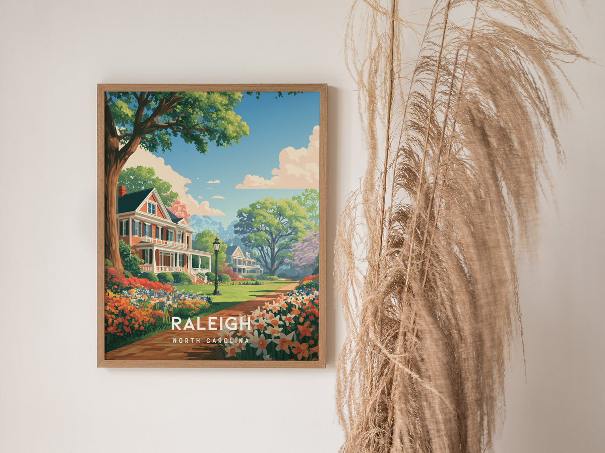 Raleigh, North Carolina Poster | Oak City Skyline Destination Print Wall Art — styled in a modern interior