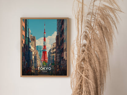 A framed poster of Tokyo Tower is displayed on a wall, featuring the tower amidst city buildings under a clear blue sky. Tall, dried grass decorates the space beside it.
