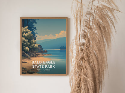 Bald Eagle State Park, Pennsylvania Poster | Eagle Soaring Over Mountain Lake Wall Art — styled in a modern interior