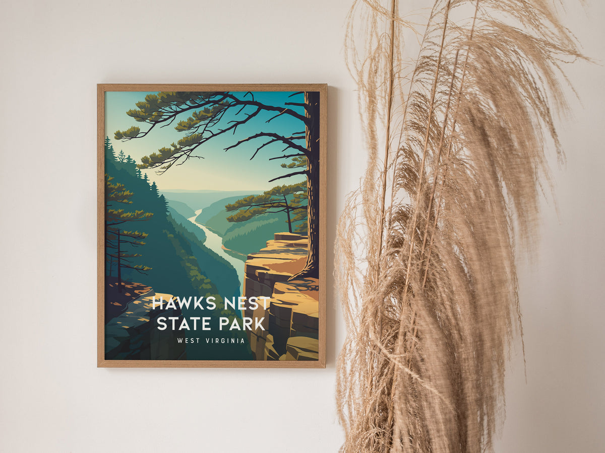 Hawks Nest State Park, West Virginia Poster | New River Gorge Scenic Vacation Wall Art — styled in a modern interior