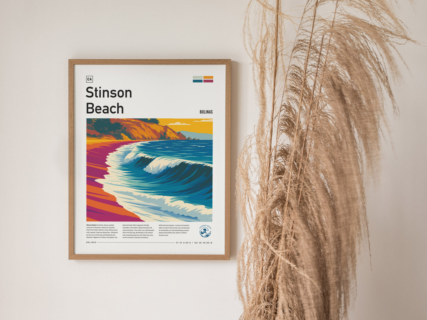 Stinson Beach, California Poster | Golden Coast Surf & Sunset Wall Art — styled in a modern interior