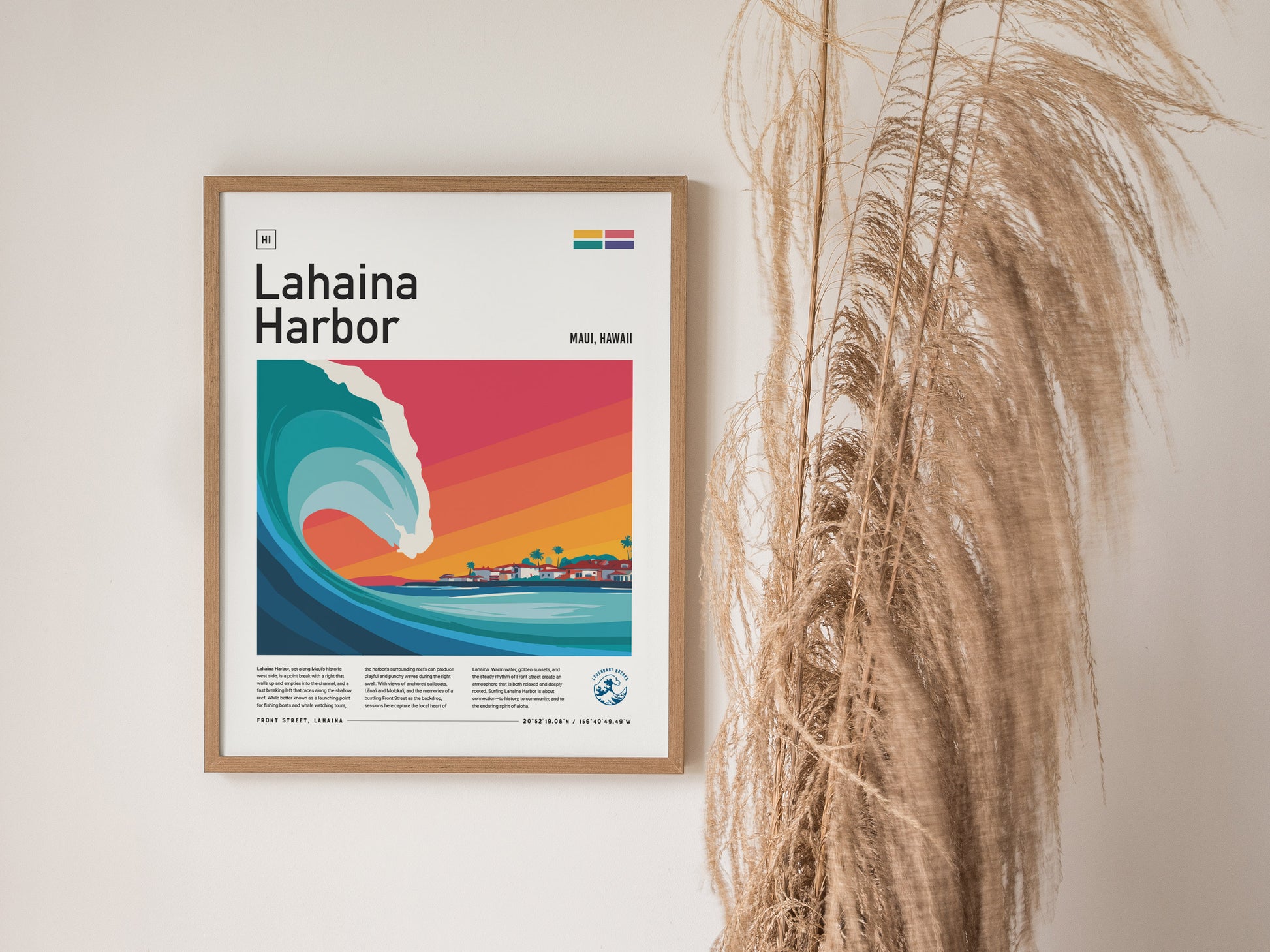 Framed Lahaina Harbor poster featuring a vibrant wave and coastal town, ideal surf art for decor or a surfer gift.