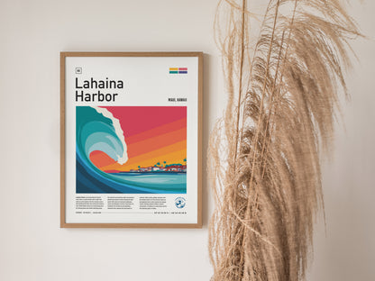 Framed Lahaina Harbor poster featuring a vibrant wave and coastal town, ideal surf art for decor or a surfer gift.