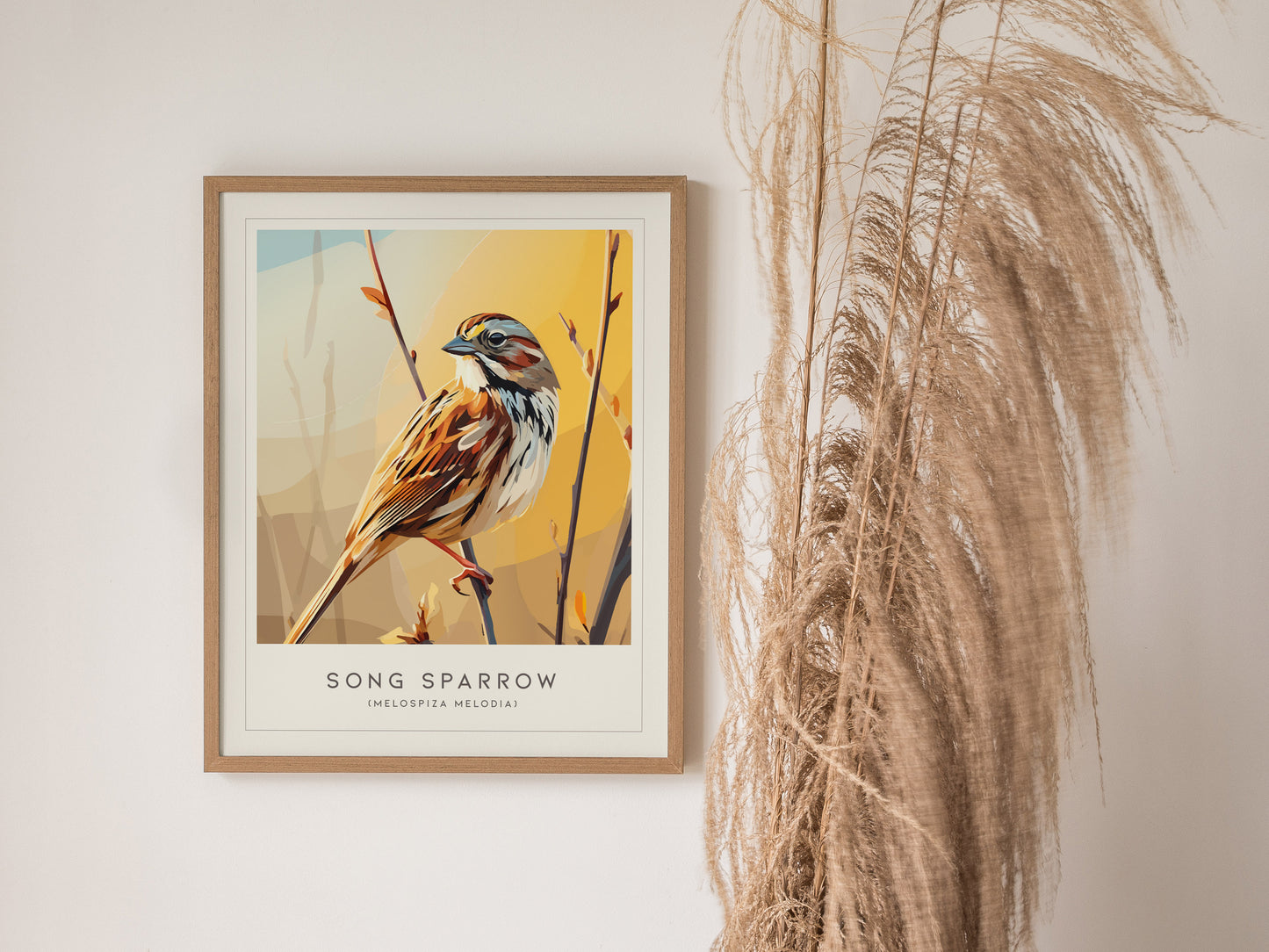 Song Sparrow Poster | Perched Songbird & Wildflower Meadow Wall Art — styled in a modern interior