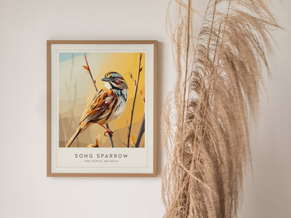 Song Sparrow Poster | Perched Songbird & Wildflower Meadow Wall Art — styled in a modern interior