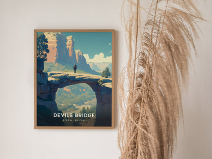 A framed poster of a person standing on Devils Bridge in Sedona, Arizona, featuring vivid desert colors and rugged cliffs, hangs on a wall beside dried pampas grass.