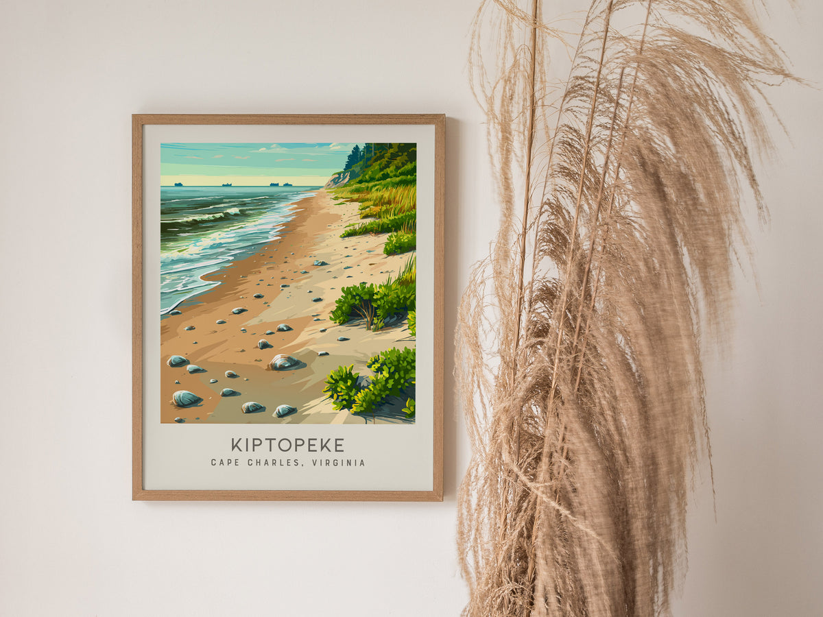 Kiptopeke Matte Border Poster | Cape Charles, Virginia Coastal Beach Decor — styled in a modern interior