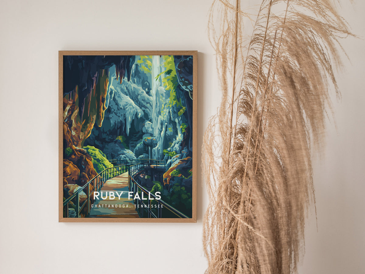 Ruby Falls, Chattanooga, Tennessee Poster | Underground Waterfall Travel Wall Art — styled in a modern interior