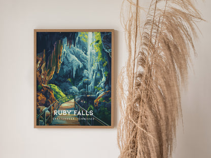 Ruby Falls, Chattanooga, Tennessee Poster | Underground Waterfall Travel Wall Art — styled in a modern interior