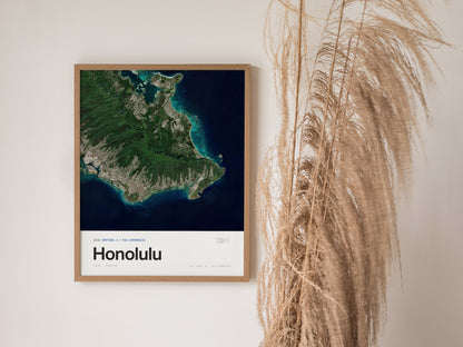 Framed aerial poster of Honolulu, showcasing vibrant greens, deep blues, and urban landscapes from a satellite view, perfect travel art.