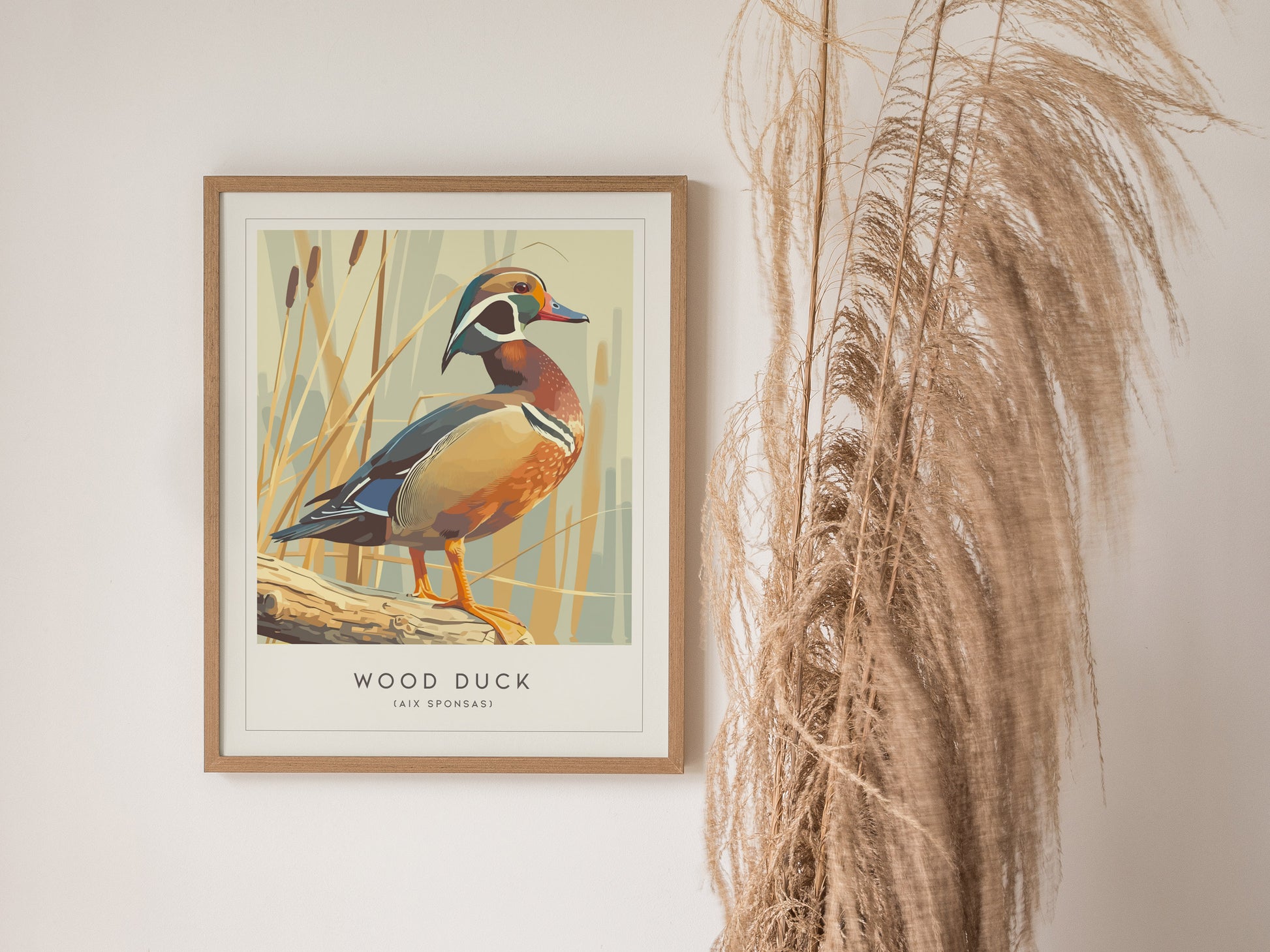 Framed wood duck art print in modern style, showcasing vibrant teal and orange feathers, perfect for nature-inspired decor.